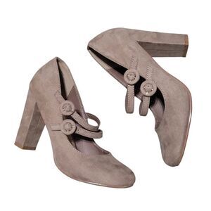 Tan faux suede 2 strap "Mary Jane" block heel
